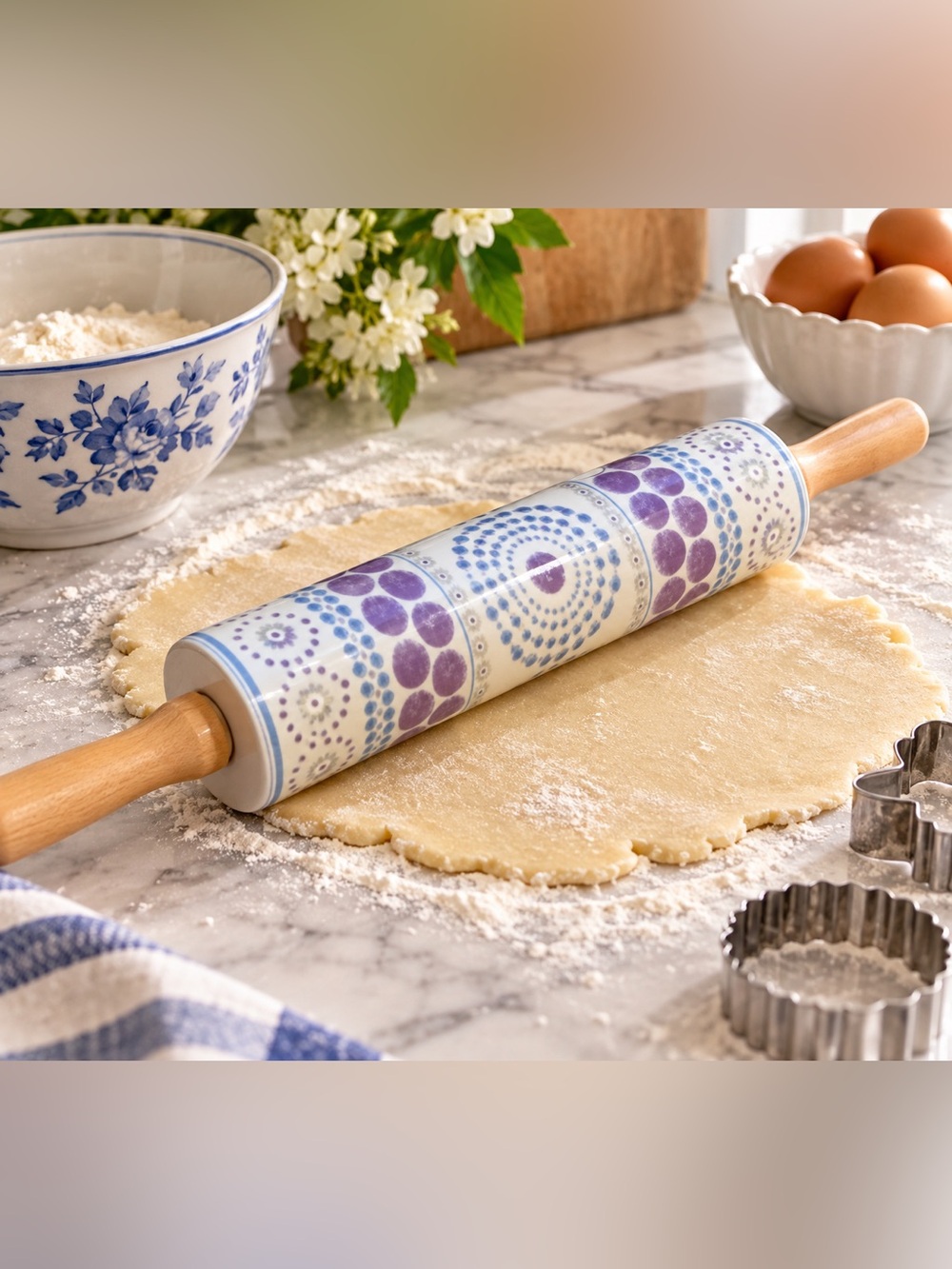 Anthropologie Ceramic Rolling Pin Blue Purple Geometric Dot Pattern Wood Handles